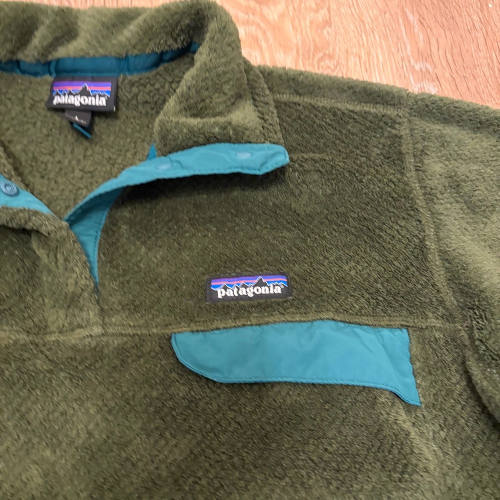 Patagonia T-Snap Pullover Fleece Jacket Large Forest Green Teal Trim Comfy Soft - Picture 3 of 7